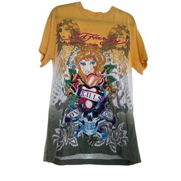Ed Hardy - VINTAGE Y2K- TATTOO Multi-coloured Graphic Tee- Mens Size Large 💀🌹✨ - Picture 1 of 4